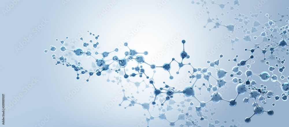 Poster molecule 3d illustration. abstract crystal cell, cellular structure. transparent elements with a glo