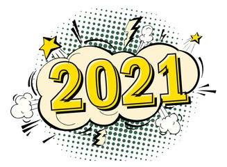 Fototapeta premium 2021 Happy New Year pop art concept with cars. Cartoon doodle vector illustration vector for christmas design.