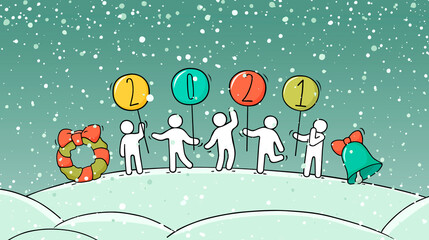 2020 Happy New Year concept. Cartoon doodle illustration with liitle people prepare to celebration. Hand drawn vector for christmas design.