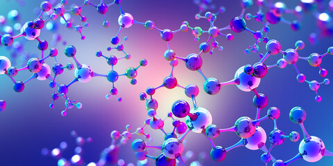 Complex molecule 3D illustration. Abstract molecular lattice, cellular structure. Transparent purple elements with glossy effect. Fresh, clean, technological, neon background