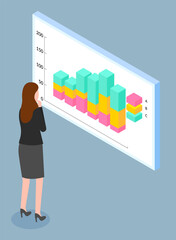 Woman interacting with charts and analyzing statistics information in visualized form. Businesswoman looking at board with charts and digital indicators. Data visualization business statistics concept