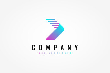 Right Arrow Logo. Light Blue and Purple Gradient Geometric Arrow Shape with Striped Lines Origami Style. Usable for Business and Technology Logos. Flat Vector Logo Design Template Element.