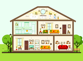 House in a cut. Detailed modern home interior. rooms with furniture. flat vector illustration