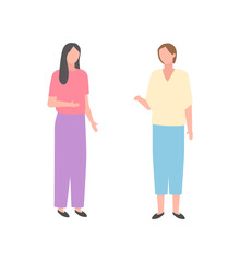 Obraz premium Two women talking, isolated cartoon ladies in flat style. Vector middle-age females in casual cloth having conversation. People on summer fair mothers or wives