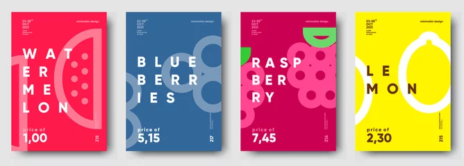 Fotobehang Vector illustrations. Set of minimalistic fruit posters or price tags. Watermelon, blueberry, raspberry, lemon. © Molibdenis-Studio