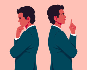 Fototapeta na wymiar A young businessman is standing in profile. A hispanic man is thinking and making a decision. Problems and ideas in business. Innovation and startup. Vector flat illustration