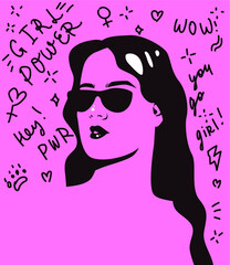 Сlassy and stylish woman in sunglasses on pink background. Girl power and feminism issues, conceptual minimal illustration.