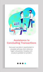 Assistance in concluding transaction vector, partners on business meeting shaking hands and agreeing on common point, conference at work. Website or app slider template, landing page flat style