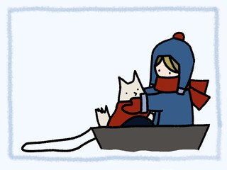 雪が積もった寒い日に、犬とソリ遊びをする少年のかわいい手描きイラストのメッセージボード