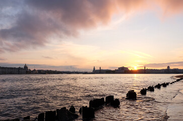 Peter and Paul Fortress in St. Petersburg, Russia. Sunset on Neva River.