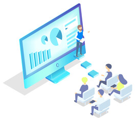 Workers listening to boss explaining details of business project results. Male character with report showing diagrams and charts on monitor of computer. People analyzing info and interacting vector