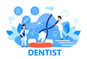 Dentist service vector concept for landing page. Tiny dentists make x-ray scan of teeth to help toothache, to whiten enamel or recovery implant. Online conference for dentistry specialist