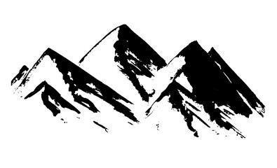 Black vector textured chinese ink hand drawn mountains illustration. Sketchy simple hills landscape isolated on white background, texture travel concept