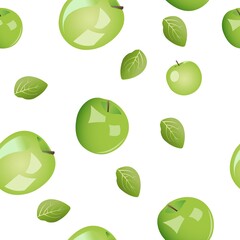 Seamless pattern from green apples with leaves. Vector illustration isolated on white background.