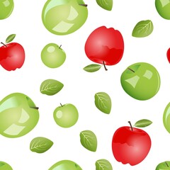 Seamless pattern of green and red apples with leaves. Vector illustration isolated on white background.