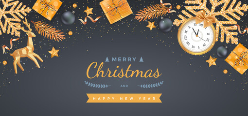 Merry Christmas and Happy New Year Greeting Background. Xmas card. Horizontal Banner template. Golden snowflakes with confetti, gift boxes, wall clock, fir branches, deer, balls, stars.