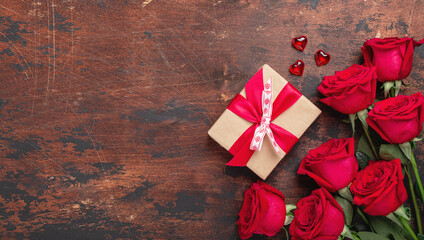 Red roses, gift box and decorative hearts on wooden background. Valentine's day horizontal banner