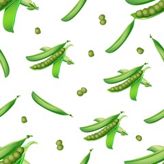 Seamless pattern from open pod of green peas with peas. Vector illustration isolated on white background.