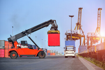 Container transport truck in port, and Cargo Container on train platform