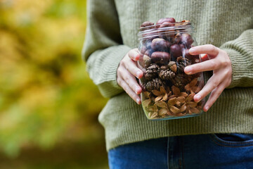 Close Up Of Girl Outdoors Holding Jar Of Autumn Pine Cones With Conkers Acorns And Beech Nut Cases