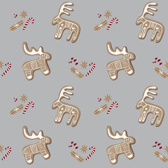 Seamless Christmas pattern. Vector set of holiday icons: Christmas ornaments, gingerbread cookies. Scandinavian style hand drawing.