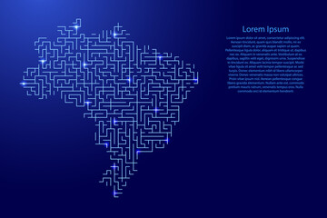 Brazil map from blue pattern of the maze grid and glowing space stars grid. Vector illustration.