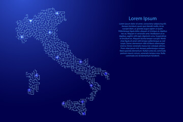 Italy map from blue pattern of the maze grid and glowing space stars grid. Vector illustration.