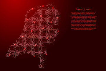 Netherlands map from red pattern of the maze grid and glowing space stars grid. Vector illustration.