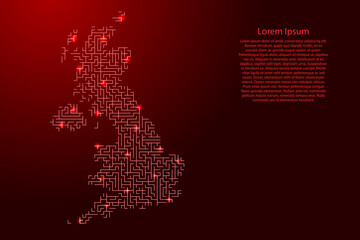 Great Britain map from red pattern of the maze grid and glowing space stars grid. Vector illustration.