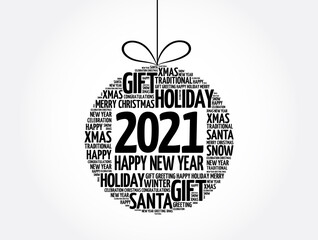 Happy New Year 2021, Christmas ball word cloud, holidays lettering collage