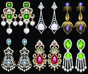 Fototapeta na wymiar Illustration set of jewelry gold earrings with chains and precious stones