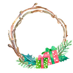 Watercolor Christmas wreath with fir branches and berries, Christmas decor, flowers, perfect for postcards, posters, stickers, covers