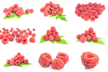 Collage of sweet raspberry on white - obrazy, fototapety, plakaty