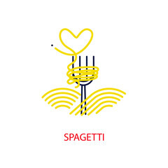 Food icon with heart-shaped spaghetti and fork. Vector card in linear style. - 389899181