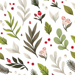 Watercolor Christmas Seamless pattern with green branches, red berries, eucalyptus. Winter background. Perfect for wrapping paper, fabric, textile, invitations, packing