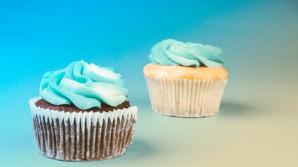 Fresh vanilla and chocolate cupcakes with blue cream