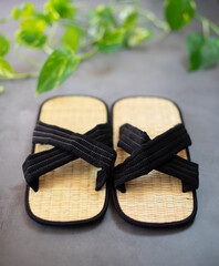 Pair of traditional Japanese bamboo zori shoes with decorative greenery in the background
