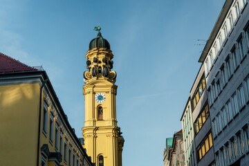 A bell tower of the Theatine Church of St. Cajetan. Munich, Bavaria, Germany