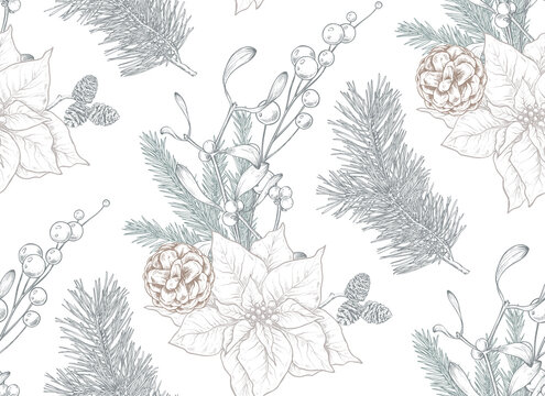 Vector seamless pattern with Christmas floral elements, plants, branches, pine cones.