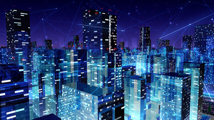 Digital City Network Building Technology Communication Big data Business 3D illustration