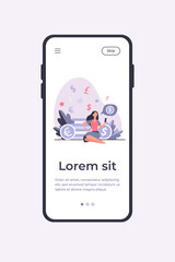 Rich woman sitting and using smartphone. Coin, money, investment flat vector illustration. Finance and transaction concept for banner, website design or landing web page