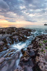 Obraz premium Wide angle vertical view of the rocks outside Kalkbay harbour that is covered in kelp and seagrass in Cape Town in the Western Cape of South Africa