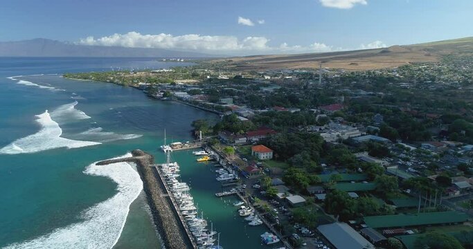 4k backward tracking aerial drone view of the boat harbor in the city of Lahaina,Maui,Hawaii,USA