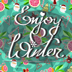 Blue holiday pattern illustration with grapefruit and inscription 'Enjoy winter'.