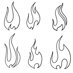 Fire Flames Icons Vector Set. Hand Drawn Doodle Sketch Fire Flame Tattoo Black and White Drawing.