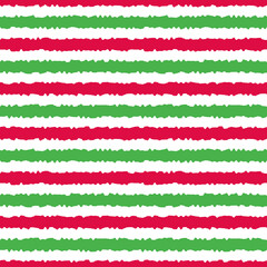 Christmas seamless red, green and white stripes pattern, vector illustration. Striped pattern with rough horizontal lines. Christmas background for scrapbook, print and web