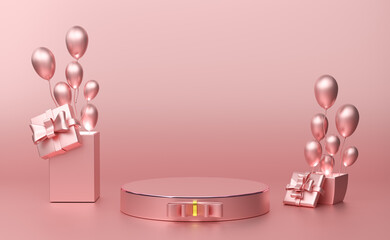podium empty with geometric shapes and gift box in pink pastel composition for modern stage display and minimalist mockup ,birthday balloons and party or celebrations ,3d illustration or 3d render