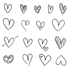 Heart doodle sets, great design for any purposes. Line art drawing style. Hand drawn vector set. Abstract black background isolated. Vector icon. art print. Trendy decor.