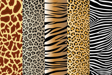 Vector illustration set of five different seamless animal patterns. Safari textile concept. Tiger, zebra, leopard, jaguar and giraffe skin seamless patterns in flat style for your design. © SATURA