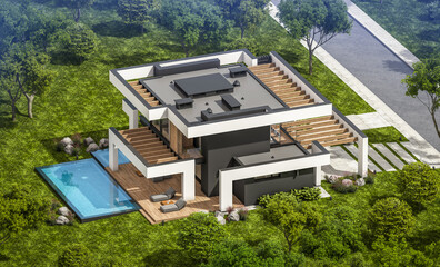 3d rendering of modern cozy house with pool and parking for sale or rent in luxurious style and beautiful landscaping on background. Summer sunny day with clear blue sky.